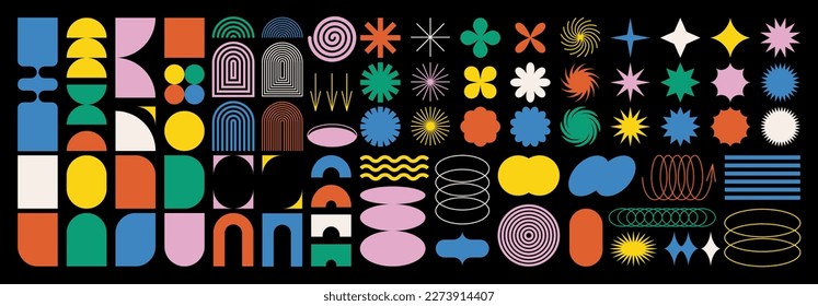 Brutalist abstract geometric shapes and grids. Brutal contemporary figure star oval spiral flower and other primitive elements. Swiss design aesthetic. Bauhaus memphis design. Stock-vektor