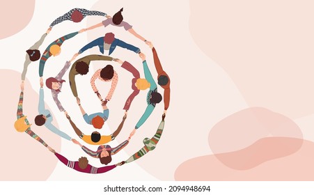 Group of people in circle from diverse culture holding hands.Cooperation and teamwork.Community of friends or volunteers committed to social issues for peace and the environment.Top view Stock-vektor
