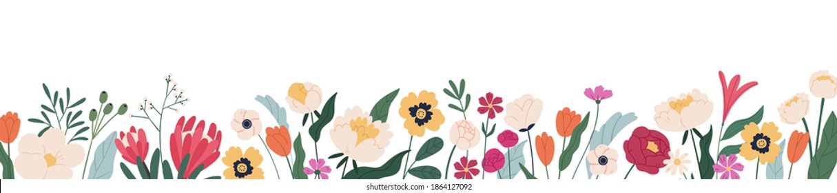Vandret hvidt banner eller blomstermotiver kulisse dekoreret med smukke flerfarvede blomstrende blomster og blade grænse. Spring botanisk flad vektor illustration på hvid baggrund Stock-vektor
