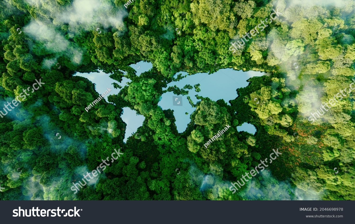 A lake in the shape of the world's continents in the middle of untouched nature. A metaphor for ecological travel, conservation, climate change, global warming and the fragility of nature.3d rendering Stock-illustration