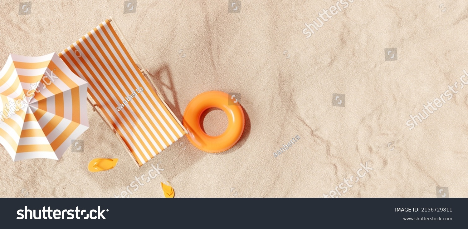 Beach umbrella with chairs, inflatable ring on beach sand. summer vacation concept. 3d rendering Stock-illustration