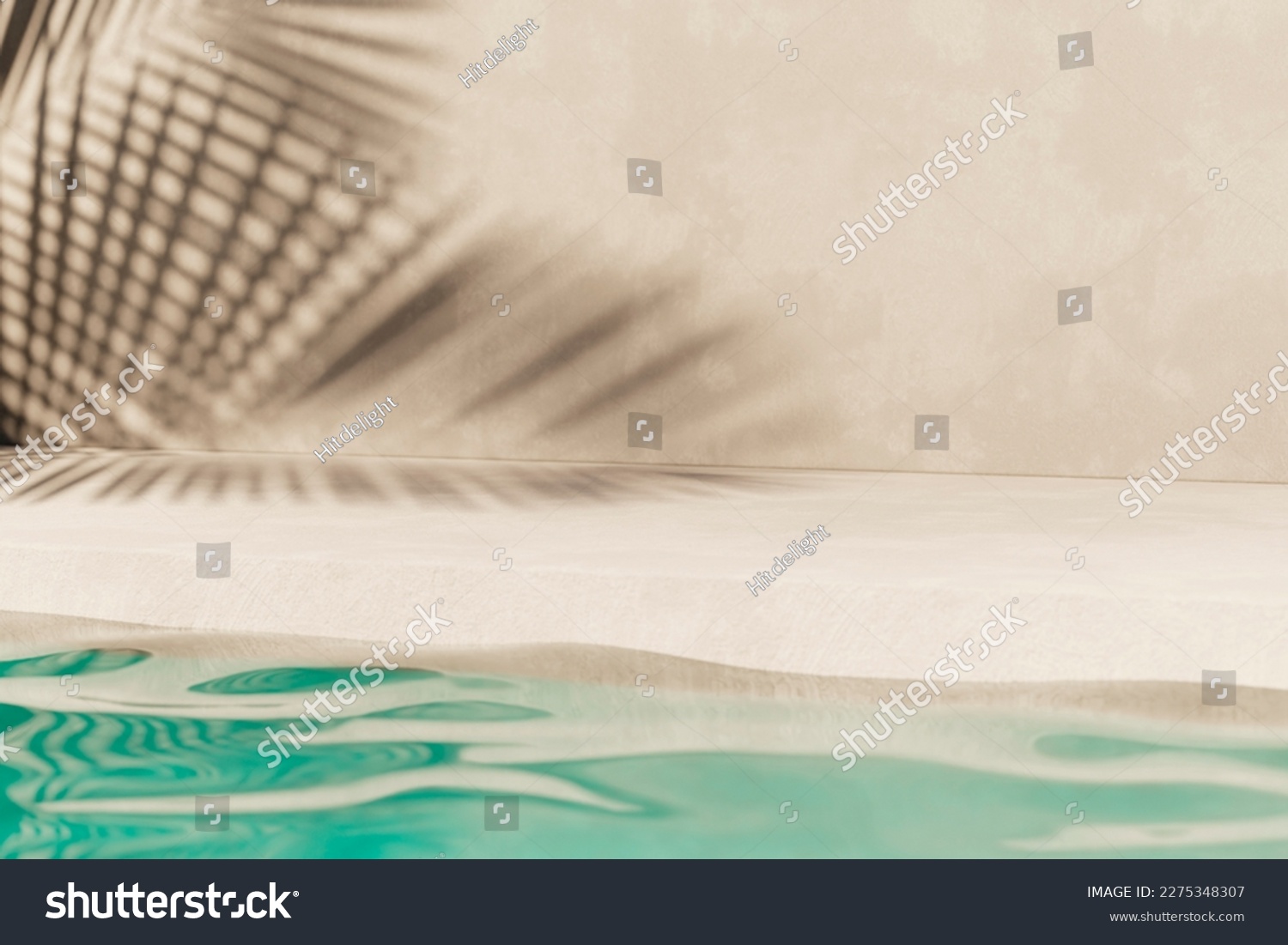 Tropical summer background with concrete wall, pool water and palm leaf shadow. Luxury hotel resort exterior for product placement. Outdoor vacation holiday house scene, neutral architecture aesthetic Stock-foto