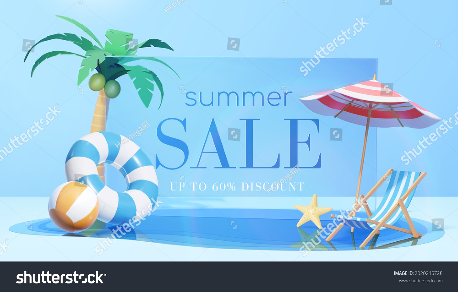 3d refreshing summer sale template. Composition of blue glass board with cute beach object and swimming pool. Concept of island vacation. Stock-vektor