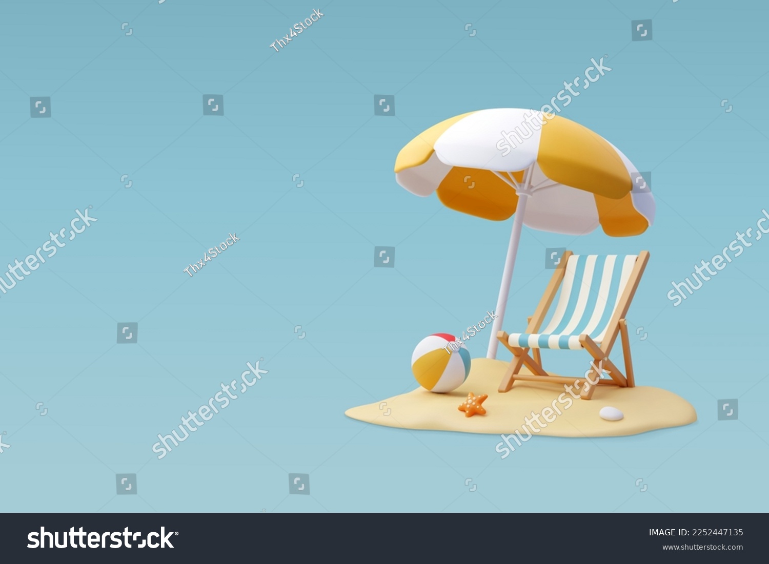 3d Vector Beach Chair, Yellow Umbrella and Ball, Summer holiday, Time to travel concept. Eps 10 Vector. Stock-vektor