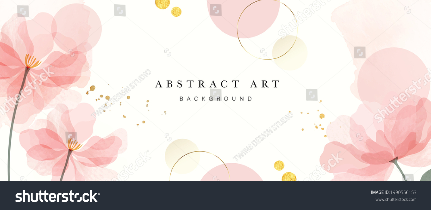 Abstract art background vector. Luxury minimal style wallpaper with golden line art flower and botanical leaves, Organic shapes, Watercolor. Vector background for banner, poster, Web and packaging. Stock-vektor