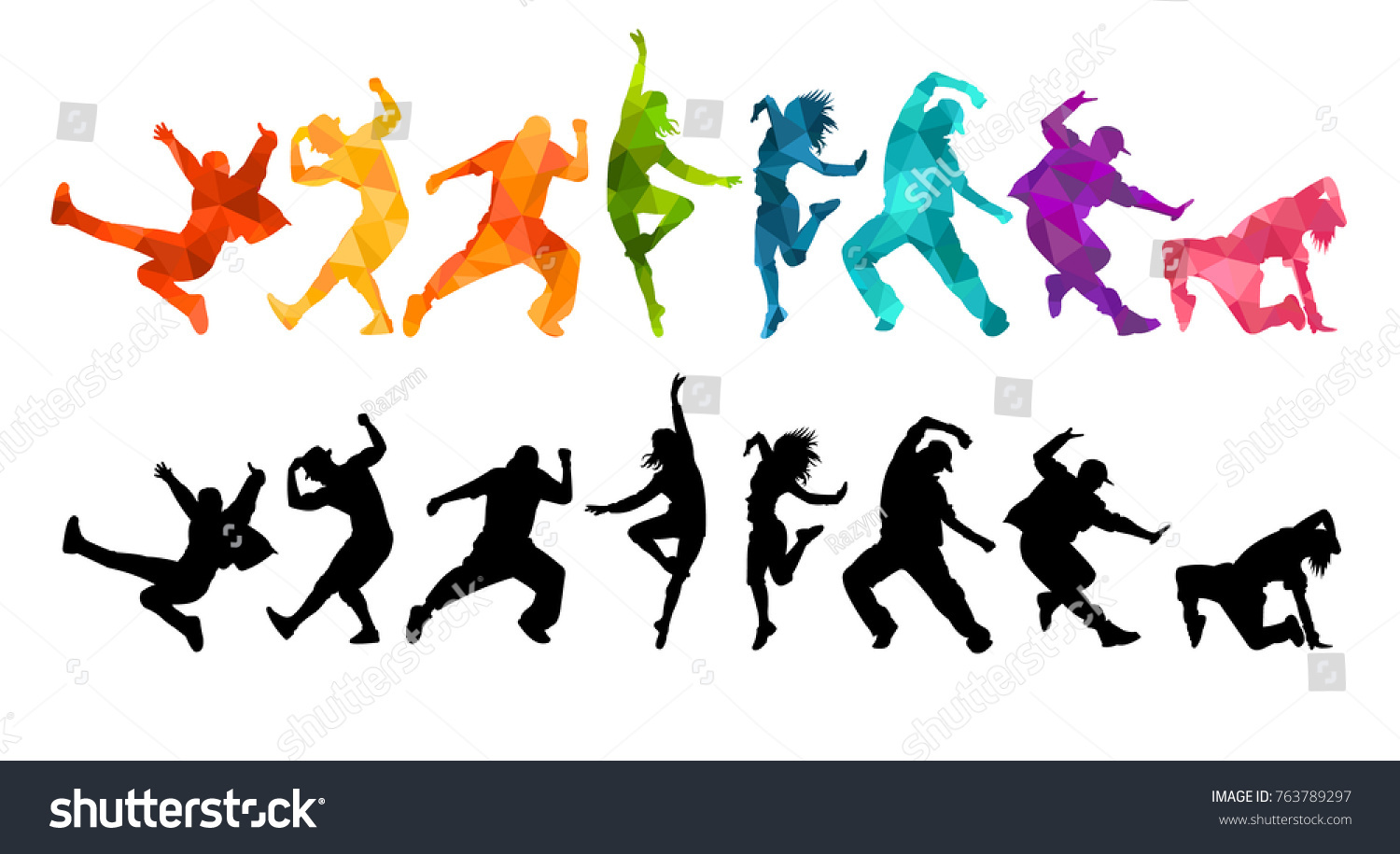 Detaljeret vektor illustration silhuetter af udtryksfulde dansefolk dans. Jazz funk, hip-hop, hus dans bogstaver. Danser. Stock-vektor