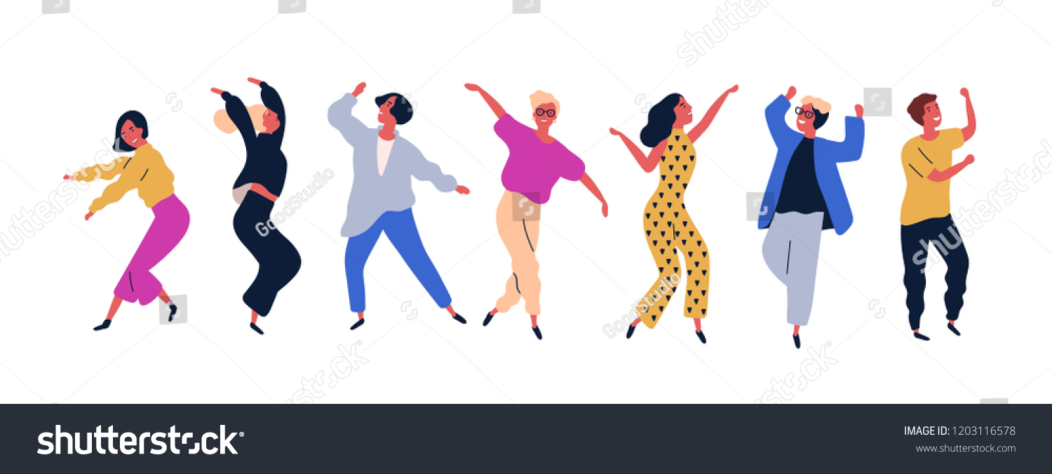 Gruppe af unge glade dansende mennesker eller mandlige og kvindelige dansere isoleret på hvid baggrund. Smilende unge mænd og kvinder nyder dansefest. Farverig vektor illustration i flad tegneserie stil. Stock-vektor