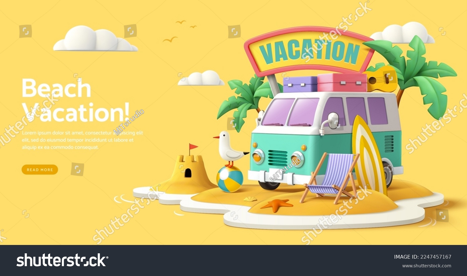 Mini van parking on a beach island, concept of beach vacation, landing page template in cute 3d cartoon illustration Stock-vektor