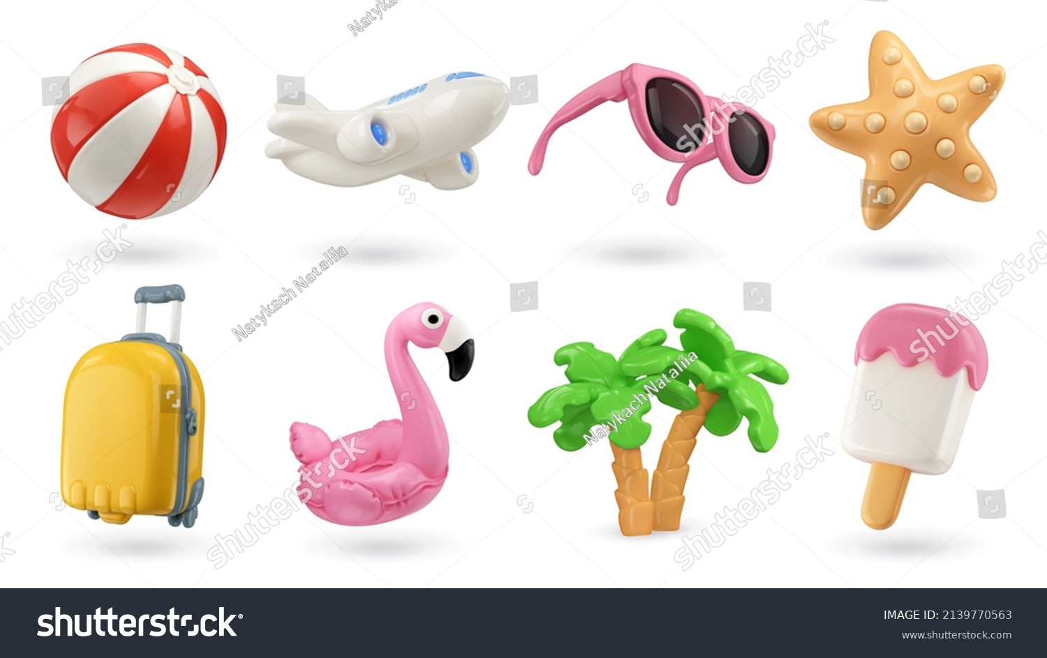 Summer 3d realistic render vector icon set. Inflatable ball, airplane, sunglasses, starfish, suitcase, flamingo, palm trees, ice cream Stock-vektor
