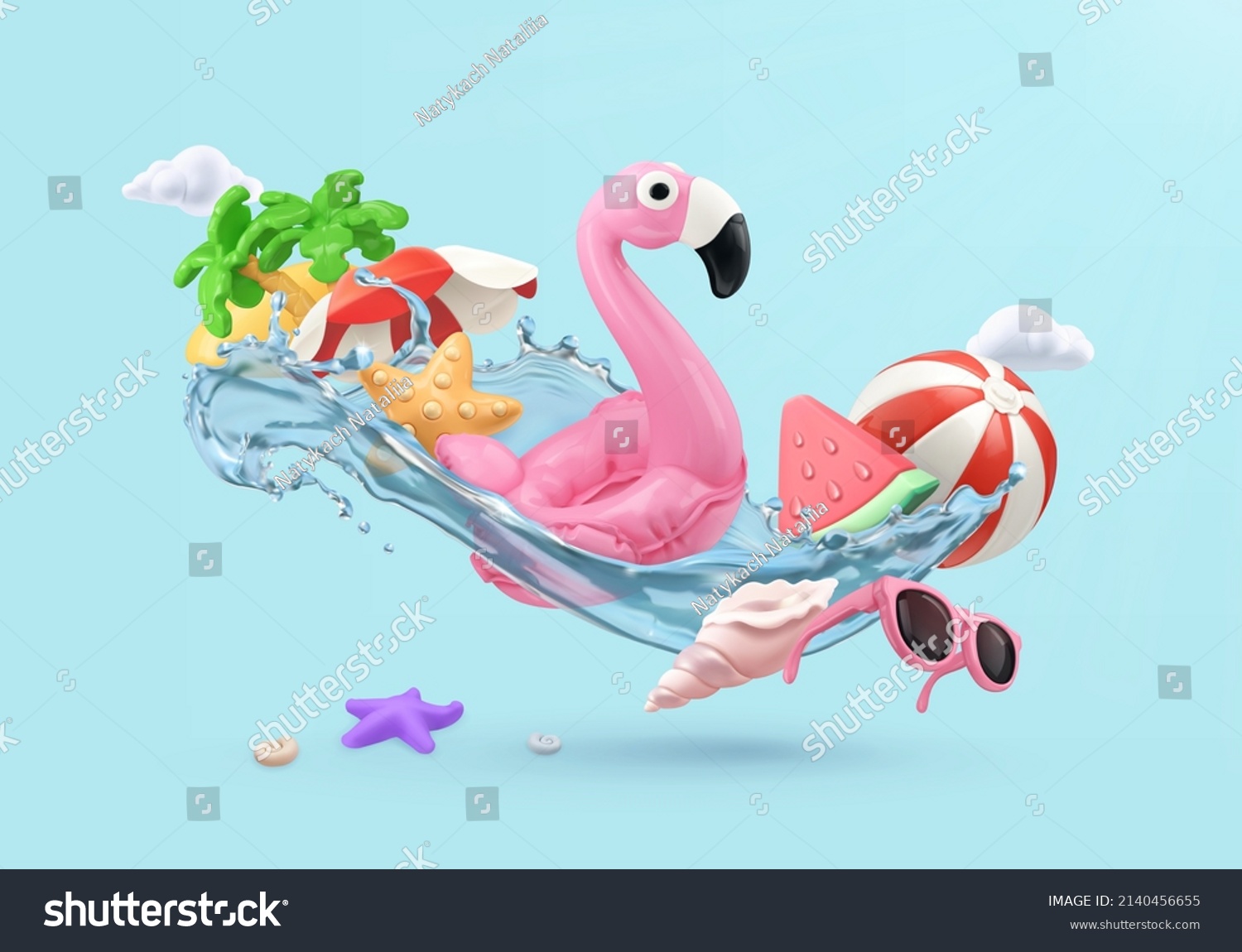Summer vacation. Flamingo inflatable toy, watermelon, palm trees, shell, water splash 3d render vector realistic elements Stock-vektor