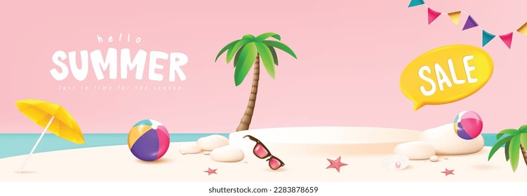Summer travel poster banner display podium with sand and summer beach scene design background Stock-vektor