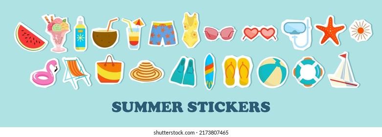 Summer vector icon set for sticker. Icons, signs and banners. Bright summertime poster. Collection elements for summer holiday and party. Vector illustration  Stock-vektor
