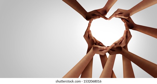 Enhed og mangfoldighed partnerskab som hjerte hænder i en gruppe af forskellige mennesker forbundet sammen formet som et støttesymbol, der udtrykker følelsen af teamwork og samvær. Stock-foto