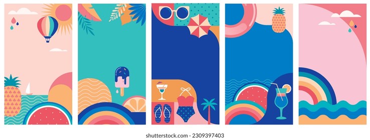 Vertical social media summer stories geometric design templates with copy space for text. Summer backgrounds for banner, greeting card, summer beach poster and advertising - summer fun concept Stock-vektor